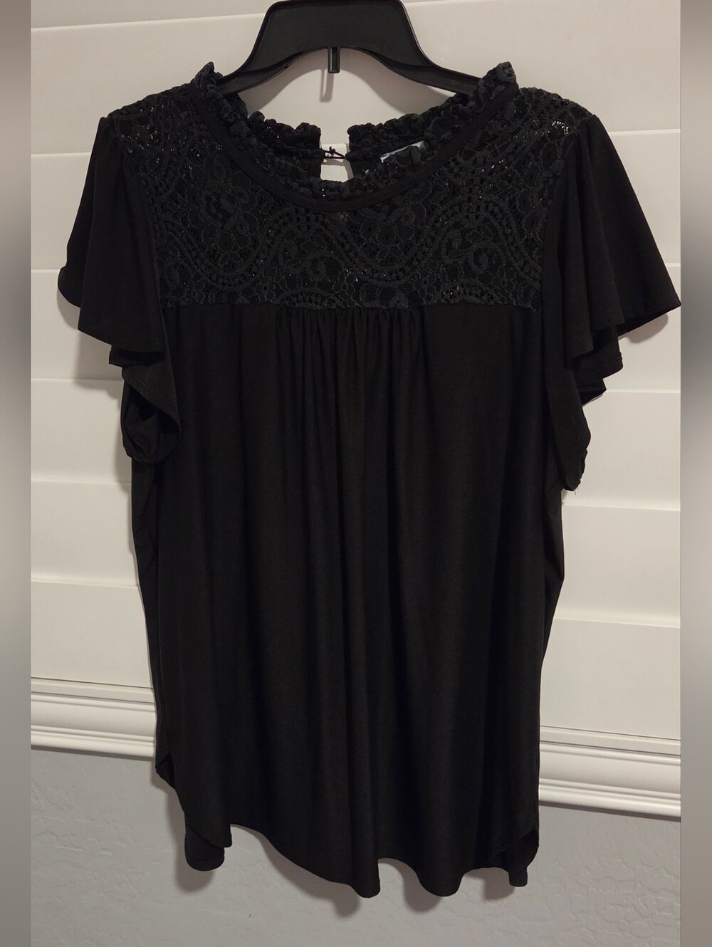 Sweet Rain Black Lace Yoke Flutter Sleeve Top
